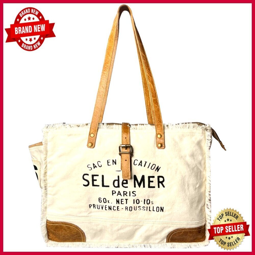 Large Canvas Leather Tote Bag with Zipper Pockets for Women